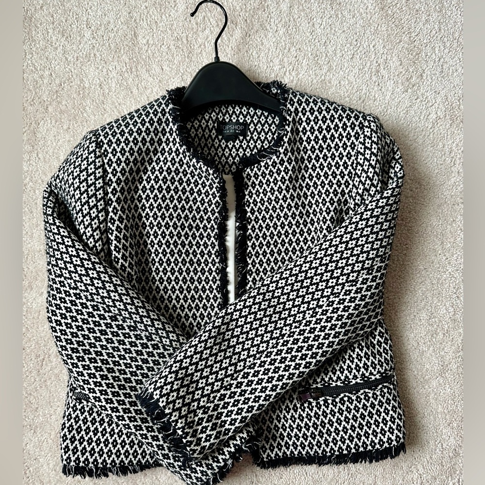 Topshop Black White Geometric Tweed Jacket Fringed Cropped Blazer Coat US 2 UK 6